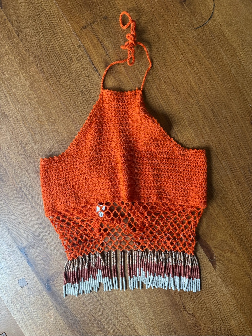 y2k Orange Crochet Halter Top with Fringe